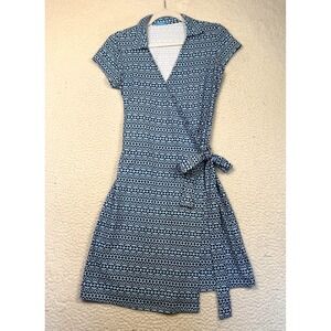 J. McLaughlin Dress Womens XS Blue Geometric Wrap Jersey Sleeve Knee Length